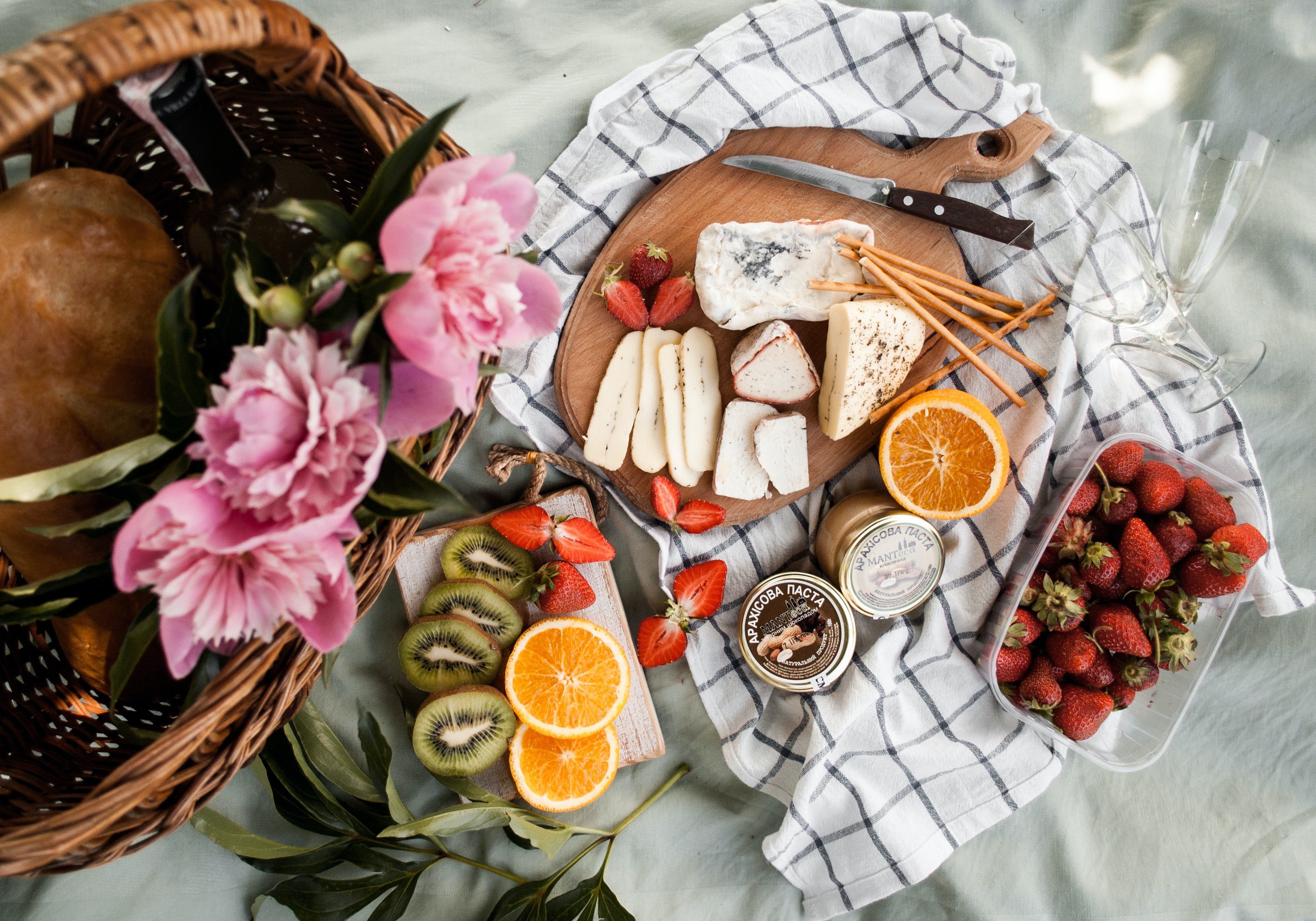 picnic with fruit and flowers